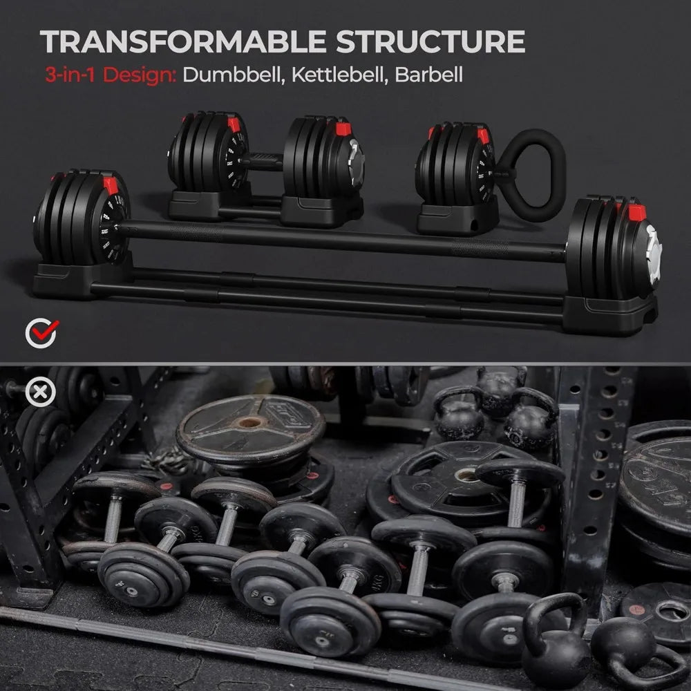 Adjustable Dumbbell 52.5lbs Free Weight Dumbbells Set 3 in 1 Fast Adjust Dumbbells Dumbbell Weight Set Used As Barbell