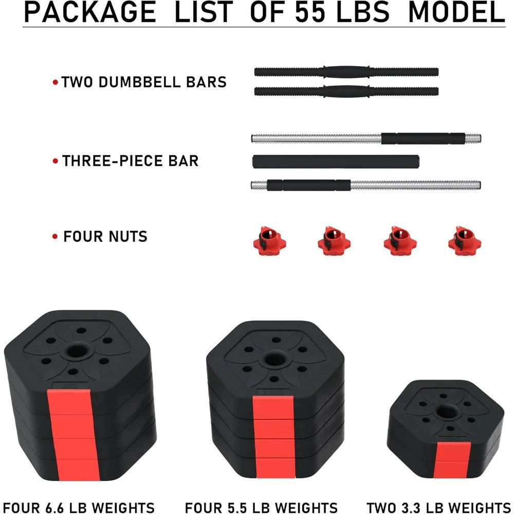 Barbell Weight Set, Adjustable Dumbbells 55/66/88 Lb with Two Bars, Exercise Fitness Free Weights Lifting for Home Gym, Barbell