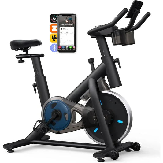 Exercise Bike, Brake Pad/Magnetic Stationary Bike with Exclusive App, Low Noise Indoor Cycling Bike with 270lbs Weight Capacity