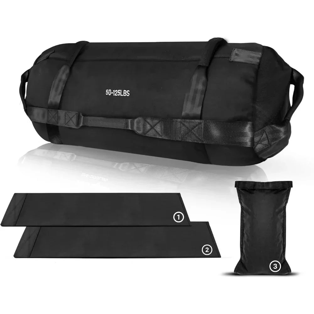 Fitness sandbag with waterproof PU coating, handle with 7 gripping positions, strong inner bag and X-shaped suture.