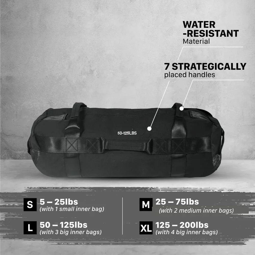 Fitness sandbag with waterproof PU coating, handle with 7 gripping positions, strong inner bag and X-shaped suture.