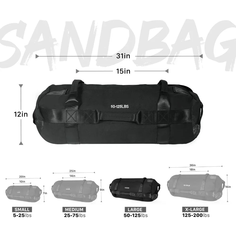 Fitness sandbag with waterproof PU coating, handle with 7 gripping positions, strong inner bag and X-shaped suture.