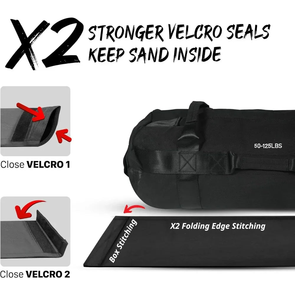 Fitness sandbag with waterproof PU coating, handle with 7 gripping positions, strong inner bag and X-shaped suture.