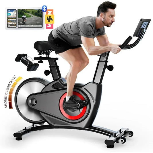 Magnetic/Brake Pad Exercise Dynamic Bike with Bluetooth, Stationary Bikes for Home with Tablet Holder & Comfortable Seat Cushion