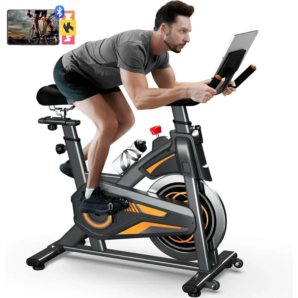 Magnetic/Brake Pad Exercise Dynamic Bike with Bluetooth, Stationary Bikes for Home with Tablet Holder & Comfortable Seat Cushion