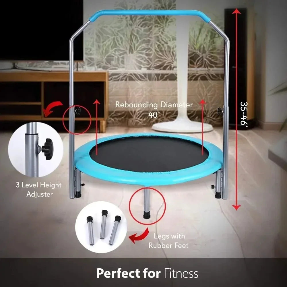 Portable & Foldable Trampoline - 40" in-Home Mini Rebounder with Adjustable Handrail, Fitness Body Exercise