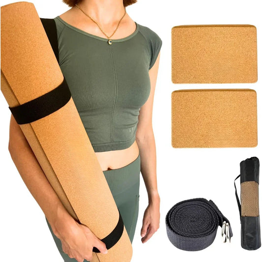 Premium Cork Yoga Kit 5-pieces, Lightweight Cork Yoga Mat, 2 Cork Blocks, Strap & Bag, Eco-Friendly, Customized Home Gym