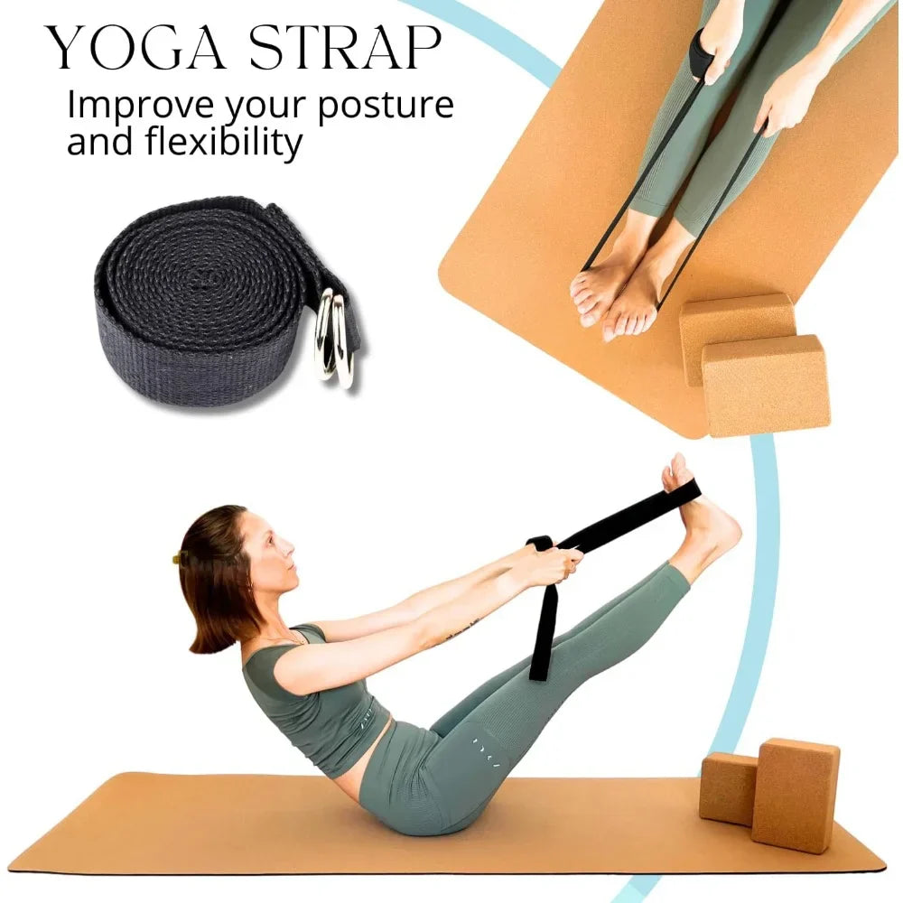 Premium Cork Yoga Kit 5-pieces, Lightweight Cork Yoga Mat, 2 Cork Blocks, Strap & Bag, Eco-Friendly, Customized Home Gym