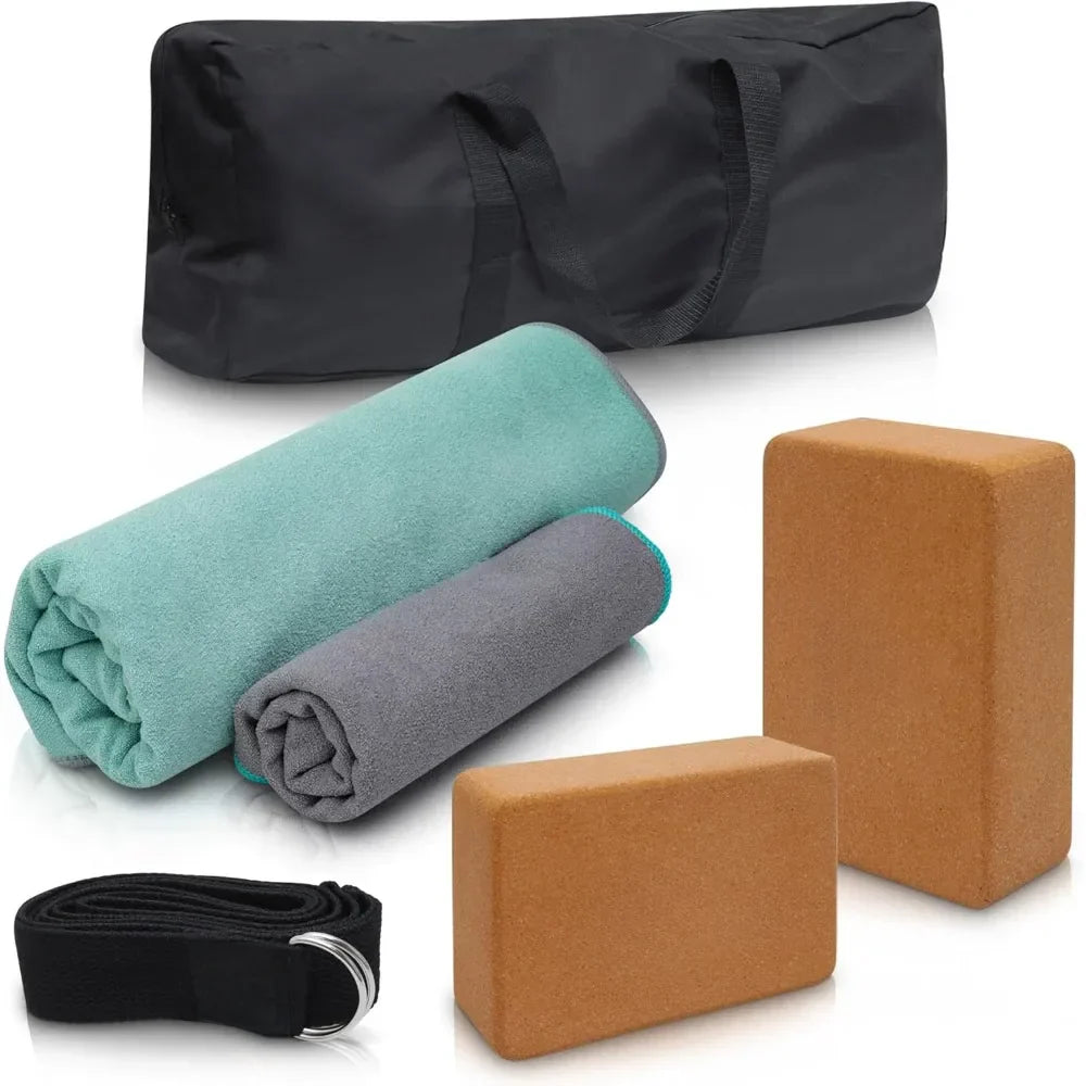 Premium Yoga Starter Kit Perfect for Home Workouts Kit Includes Yoga Strap, CORK BLOCKS Set and Towels Yoga Equipment Set