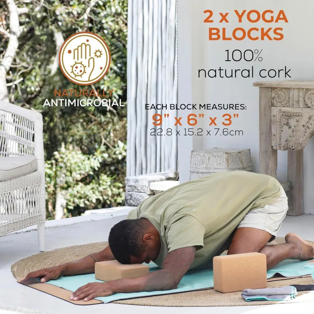 Premium Yoga Starter Kit Perfect for Home Workouts Kit Includes Yoga Strap, CORK BLOCKS Set and Towels Yoga Equipment Set