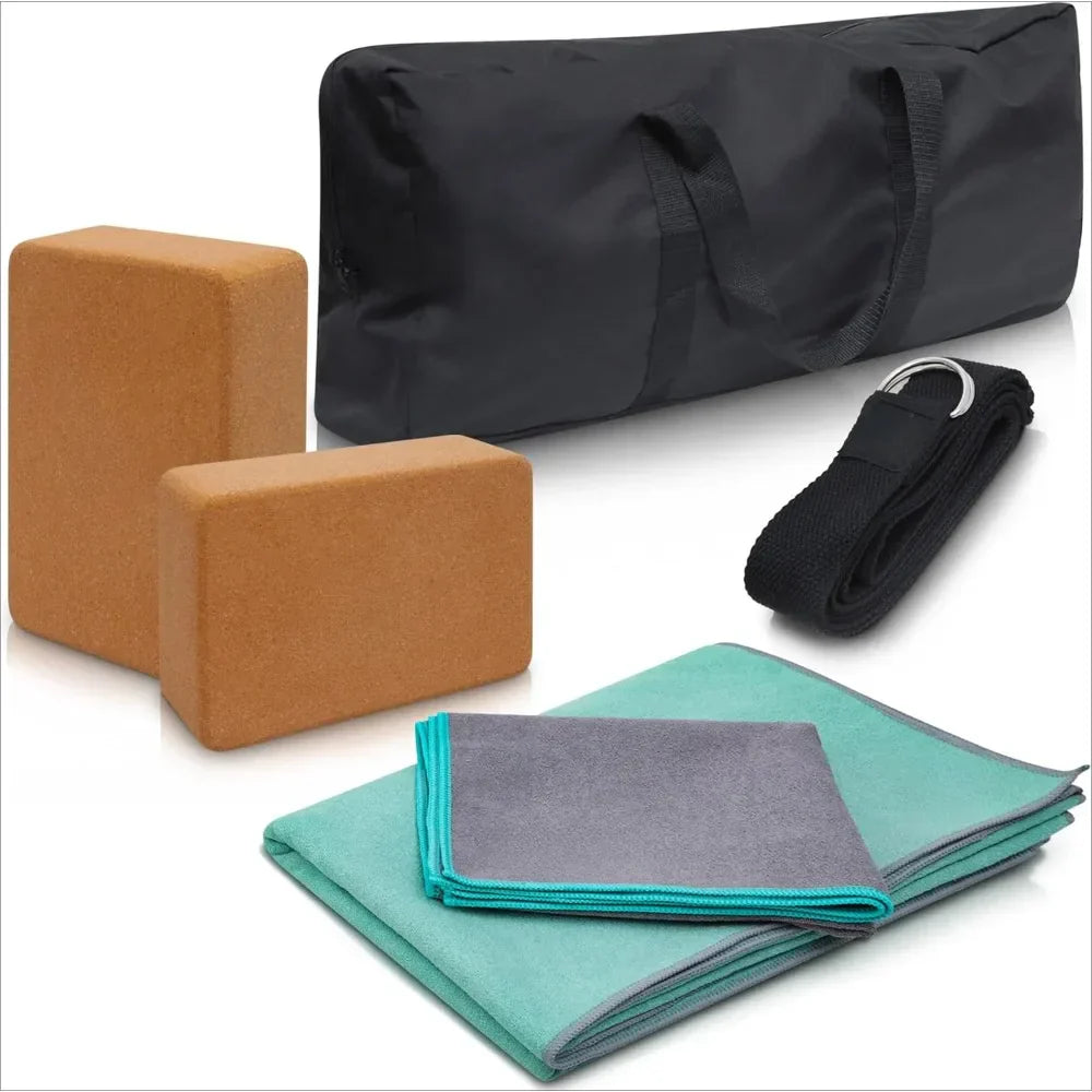 Premium Yoga Starter Kit Perfect for Home Workouts Kit Includes Yoga Strap, CORK BLOCKS Set and Towels Yoga Equipment Set