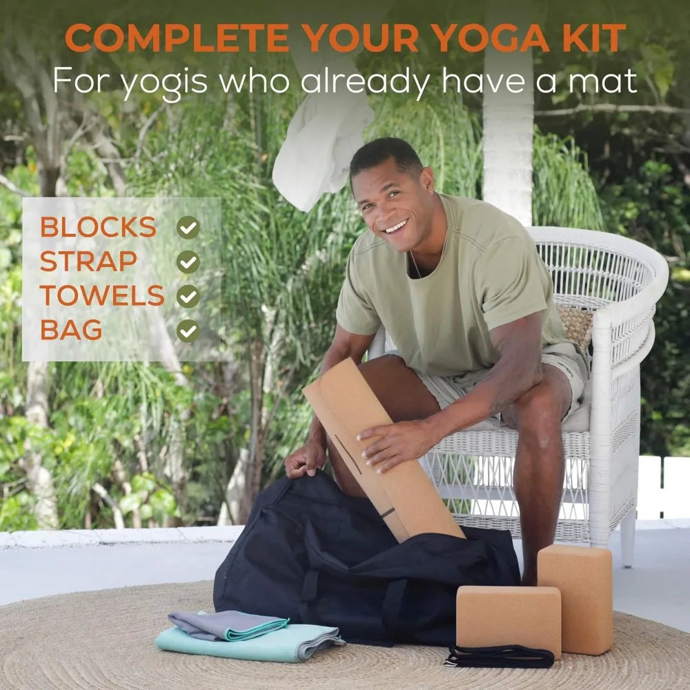 Premium Yoga Starter Kit Perfect for Home Workouts Kit Includes Yoga Strap, CORK BLOCKS Set and Towels Yoga Equipment Set