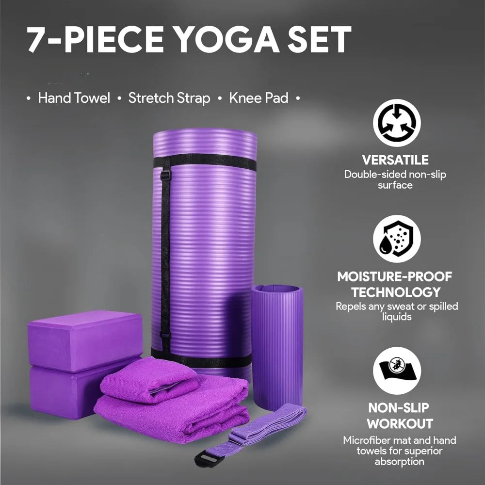 Yoga Equipment 7-Piece Set - Include Yogas Mat with Carrying Strap, 2 Yogas Blocks, Yoga Mat Towel, Yogas Hand Towel, Yoga Strap