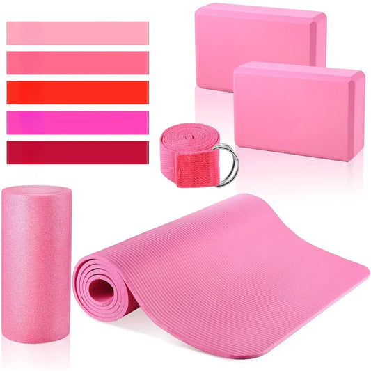 Yoga Mat Set Pink Yoga Blocks and Strap Travel Size Quality Density Foam Roller and Different Resistance Levels Elastic Band