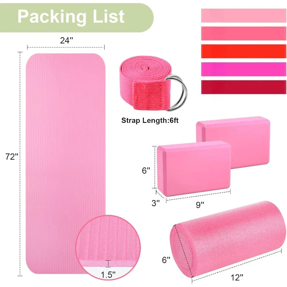 Yoga Mat Set Pink Yoga Blocks and Strap Travel Size Quality Density Foam Roller and Different Resistance Levels Elastic Band