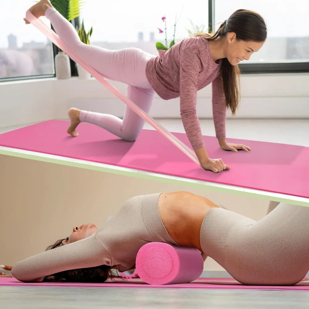 Yoga Mat Set Pink Yoga Blocks and Strap Travel Size Quality Density Foam Roller and Different Resistance Levels Elastic Band