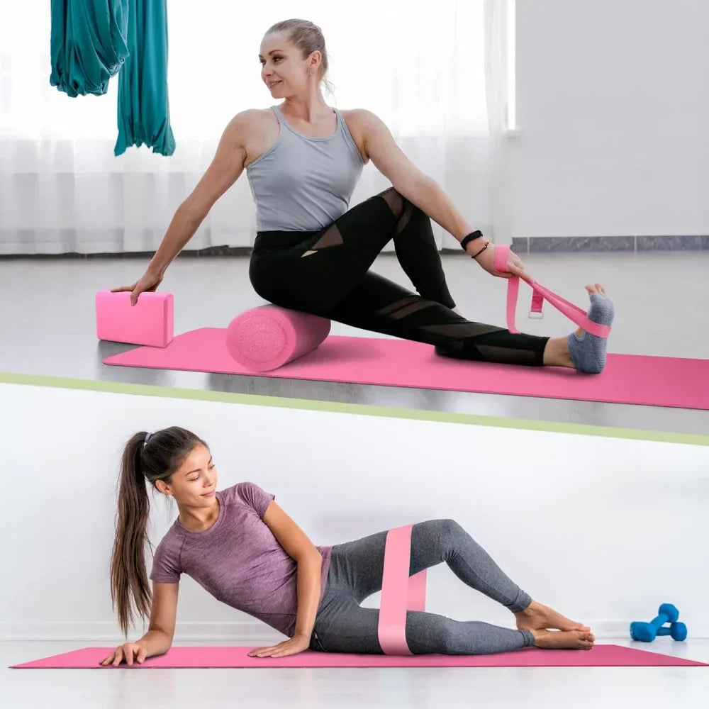 Yoga Mat Set Pink Yoga Blocks and Strap Travel Size Quality Density Foam Roller and Different Resistance Levels Elastic Band