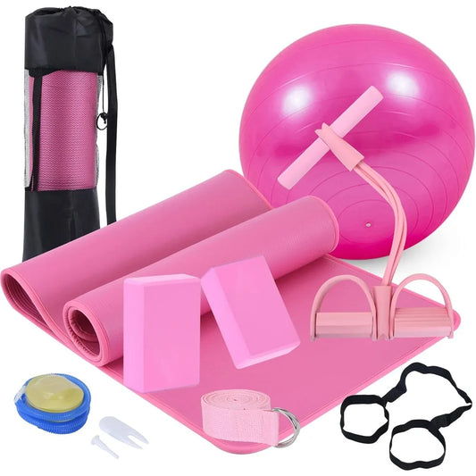 Yoga Mat Set for Beginners, Yoga Mat with Carrying Strap, Blocks 2 Pack with Strap, Ball, Ankle Puller Yoga Equipment