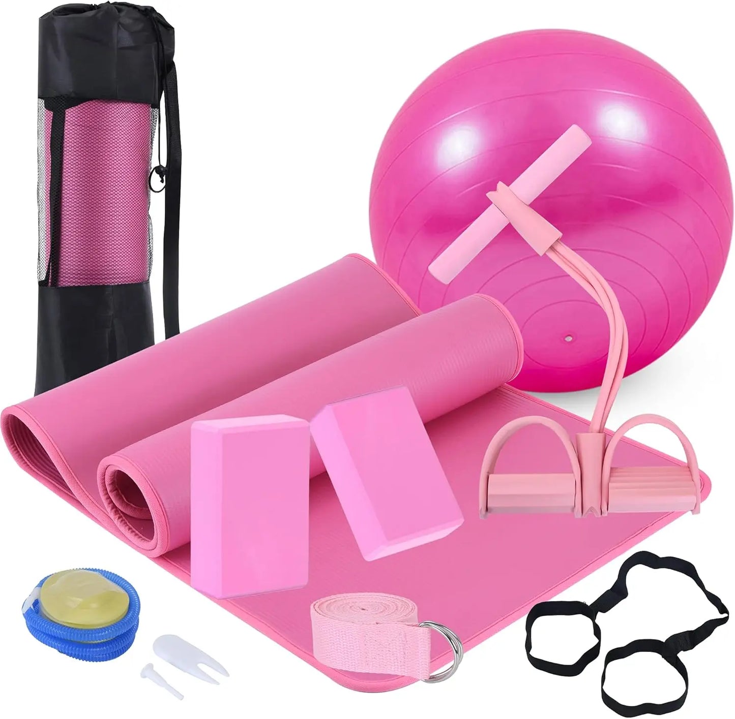 Yoga Mat Set for Beginners, Yoga Mat with Carrying Strap, Blocks 2 Pack with Strap, Ball, Ankle Puller Yoga Equipment