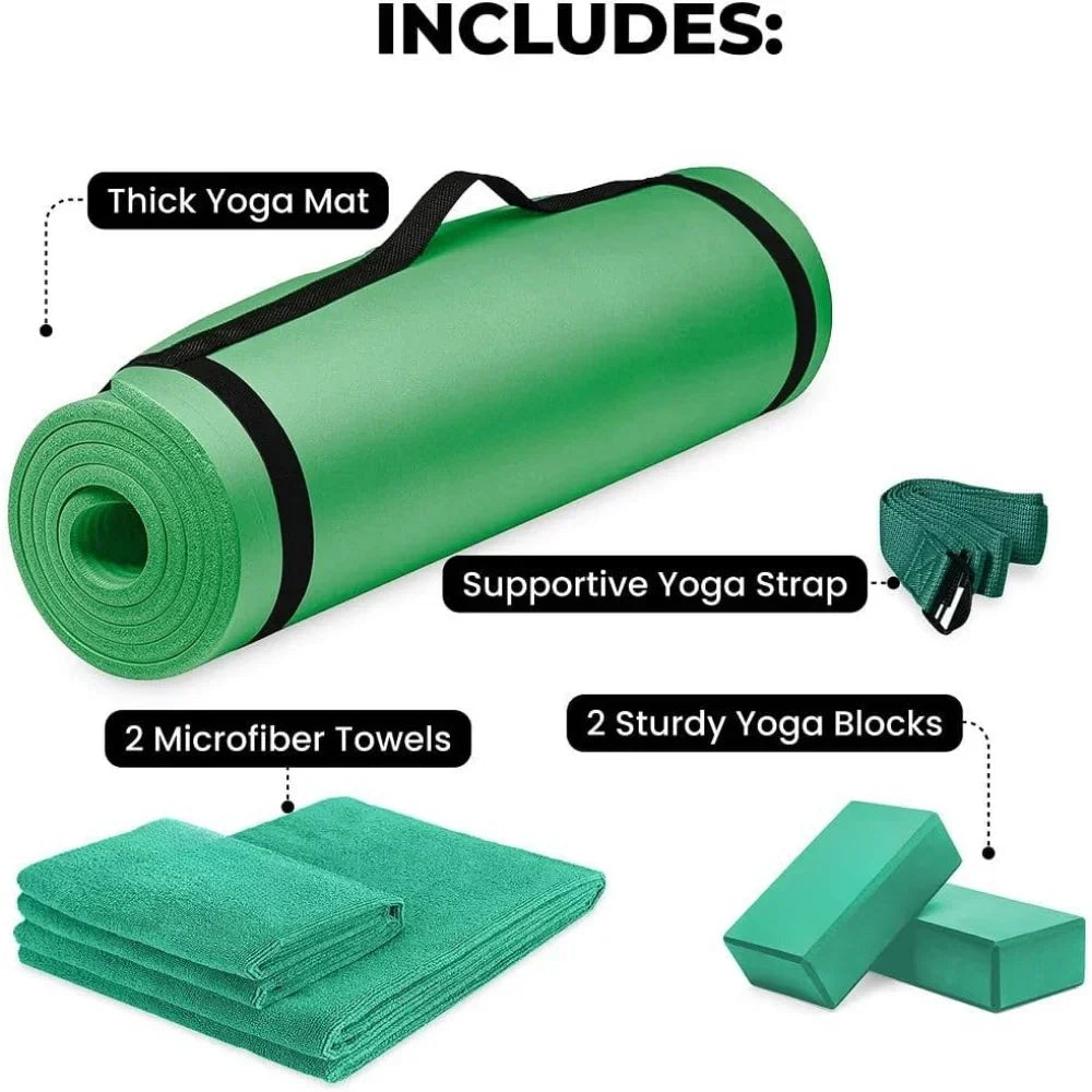 Yoga Mat Thick, Yogas Set for Home Workouts,1/2 Inch Thick Mat for Women, Men, Non Slip Yogas Mat with Yoga Foam Blocks, Yoga