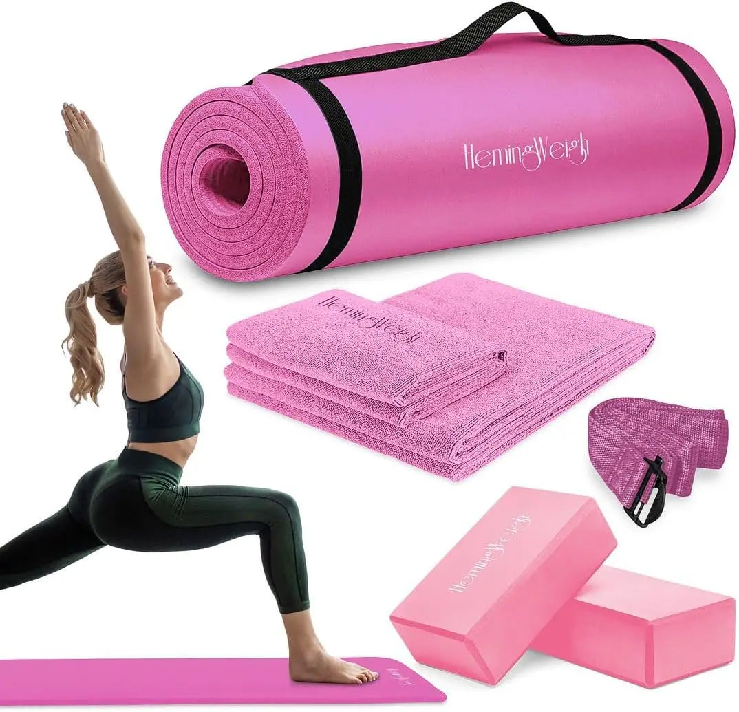 Yoga Mat Thick, Yogas Set for Home Workouts,1/2 Inch Thick Mat for Women, Men, Non Slip Yogas Mat with Yoga Foam Blocks, Yoga