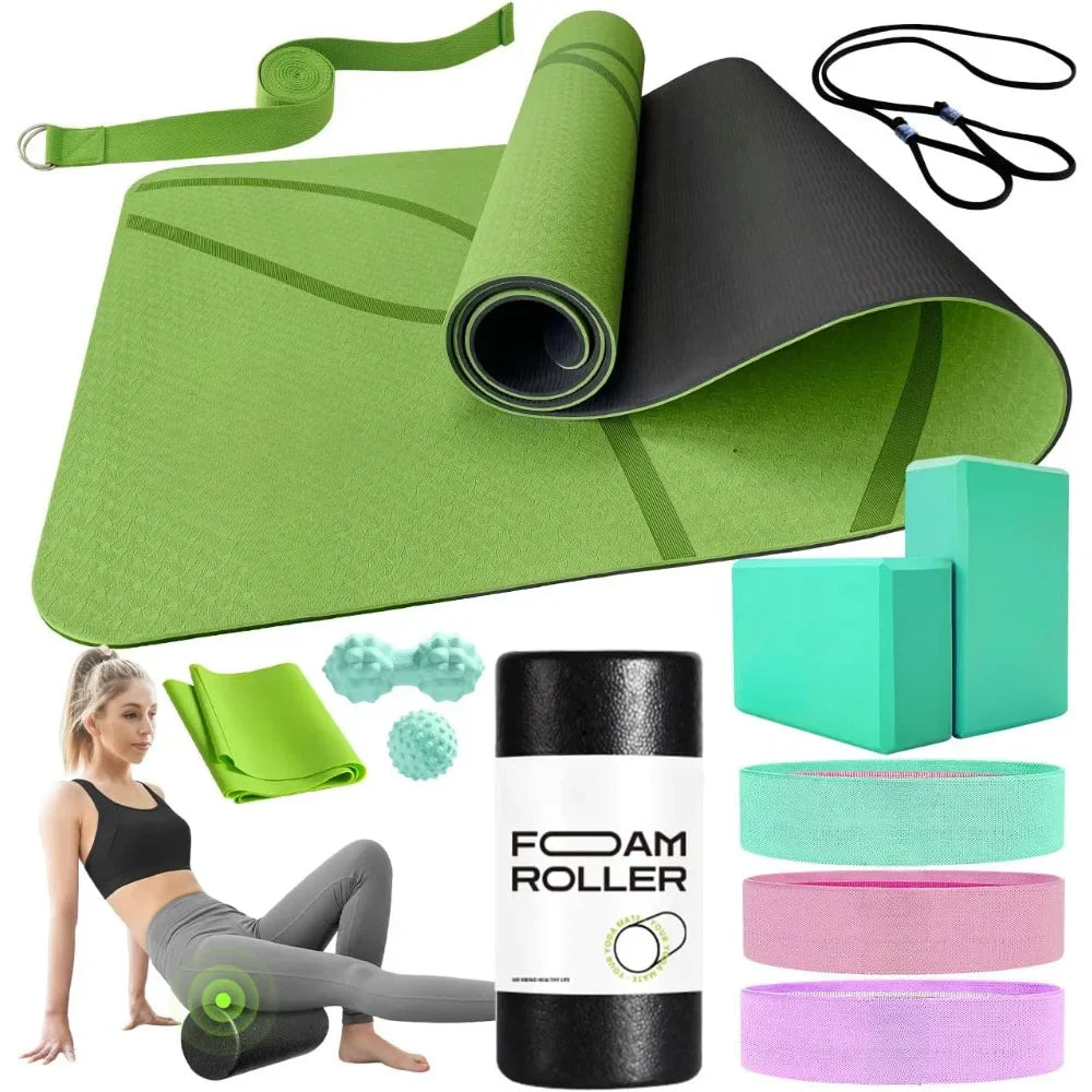 Yoga Starter Kit 12 in 1 Set Include Yoga Mat, Foam Roller, 4 Resistance Bands, Yoga Blocks 2 Pack, 2 Peanut Massage Balls