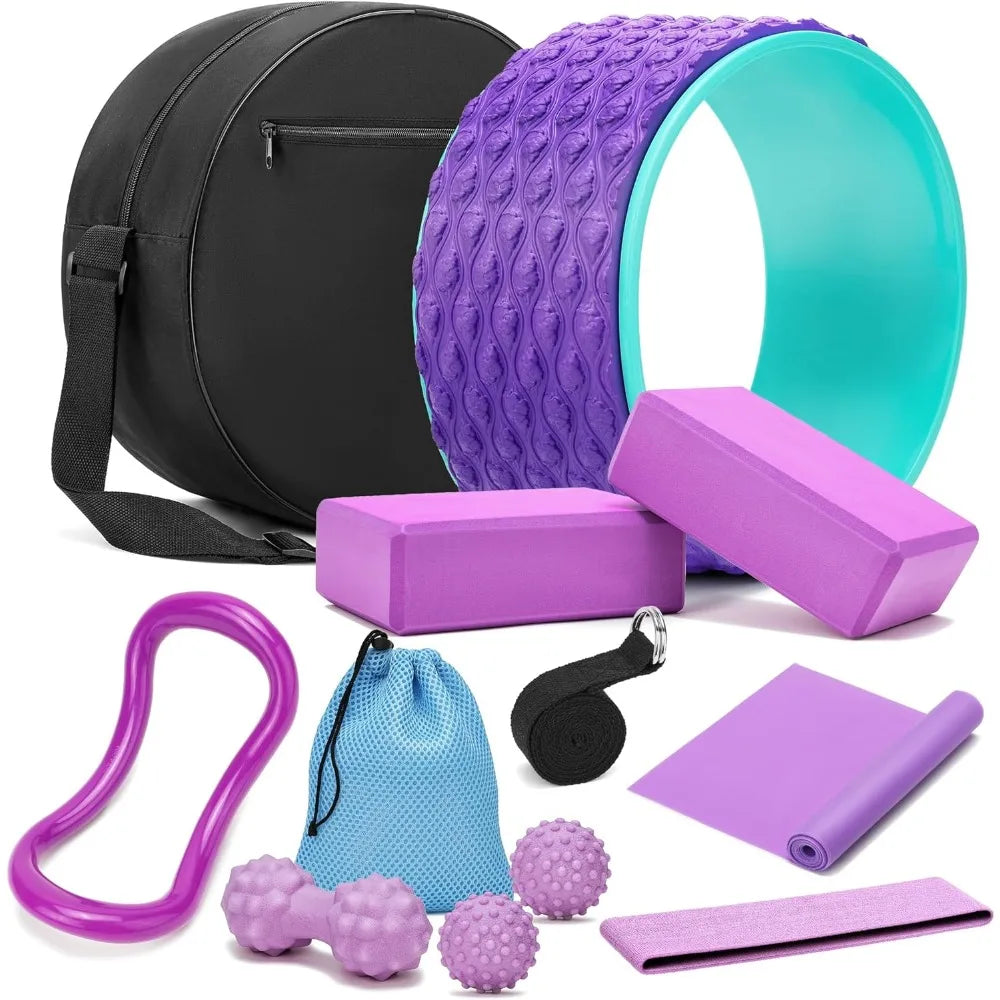 Yoga Wheel 12 in 1 Set with Back Roller for Pain Relief & Deep Tissue Massage Yoga Blocks 2 Pack with Yoga Ring,Yoga Strap