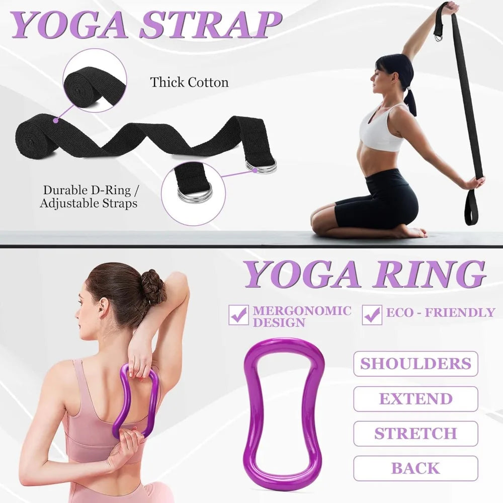 Yoga Wheel 12 in 1 Set with Back Roller for Pain Relief & Deep Tissue Massage Yoga Blocks 2 Pack with Yoga Ring,Yoga Strap