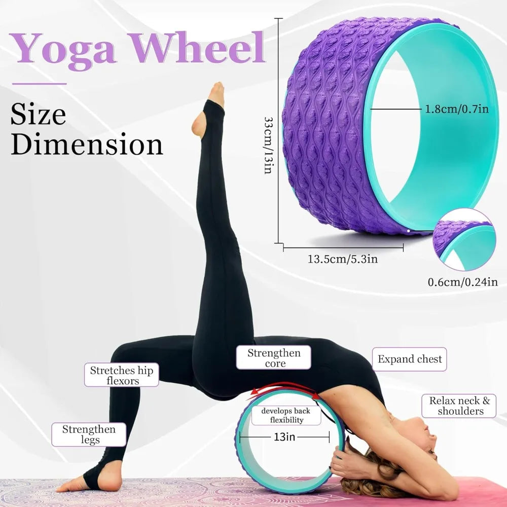 Yoga Wheel 12 in 1 Set with Back Roller for Pain Relief & Deep Tissue Massage Yoga Blocks 2 Pack with Yoga Ring,Yoga Strap